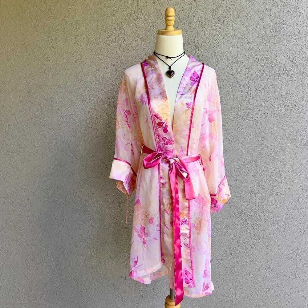 Vintage Delicates Pink Floral Chiffon Sheer Robe Size Large Lingerie Glam